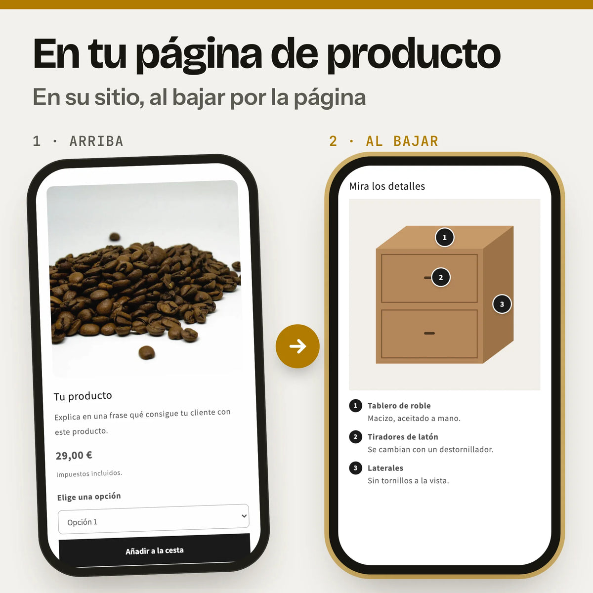 Sección de foto con puntos en una página de producto, en el móvil: a la izquierda, la parte de arriba con la foto, el precio y el botón de compra (captura real de la Cabecera en Dawn, con foto y textos de ejemplo); a la derecha, al bajar, la sección foto con puntos (captura real en Dawn, con textos de ejemplo).