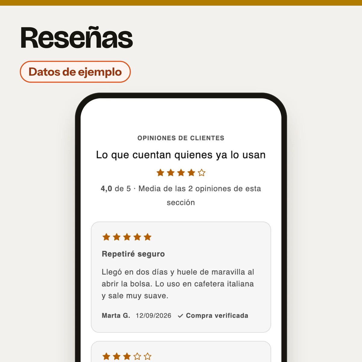 Sección de reseñas en un móvil, con la etiqueta «Datos de ejemplo»: captura del banco de pruebas (estilos de Dawn) con datos inventados, no de una tienda real; en la tienda solo se ve cuando el producto tiene reseñas reales.
