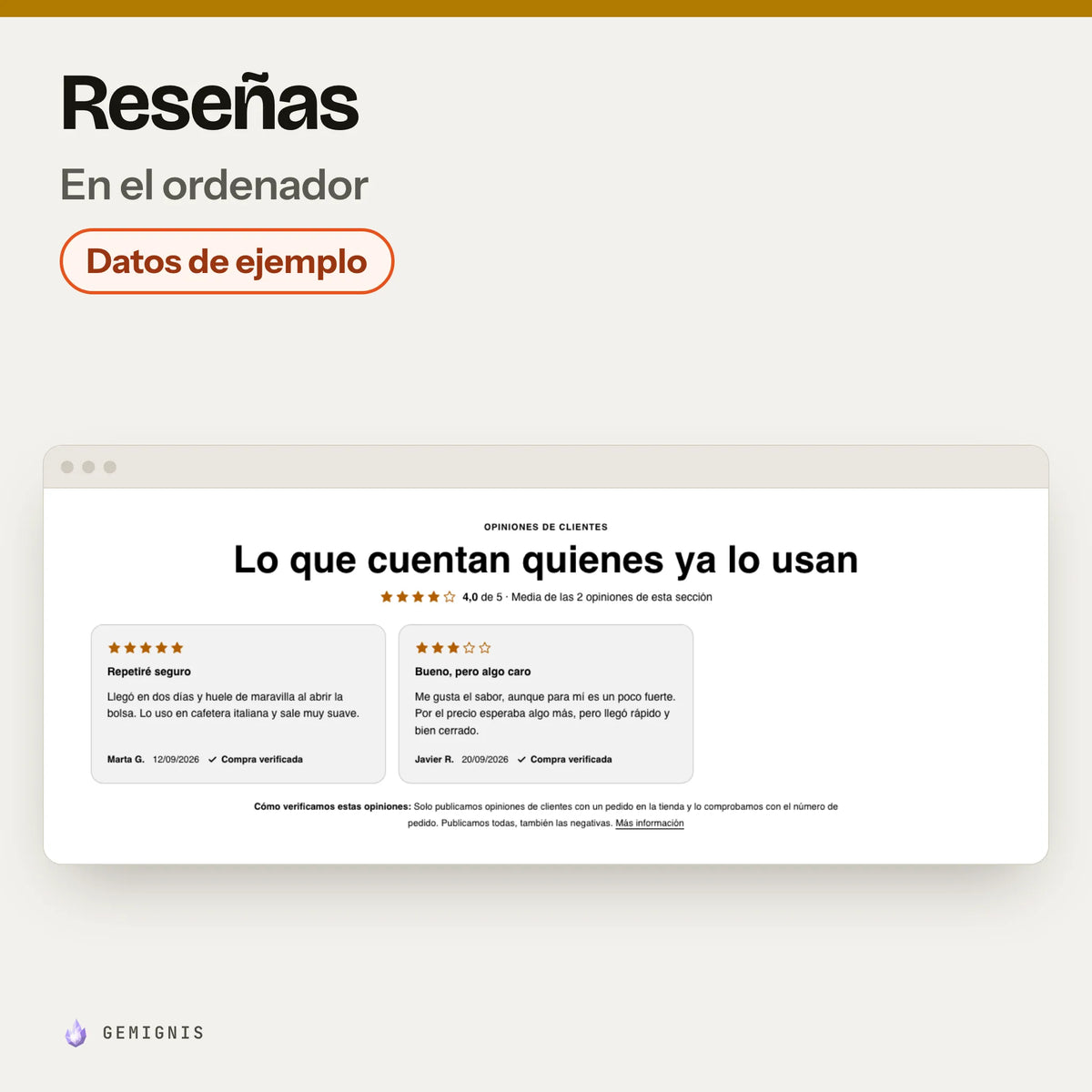 Sección de reseñas en el ordenador, con la etiqueta «Datos de ejemplo»: captura del banco de pruebas (estilos de Horizon, 1280 px) con datos inventados, no de una tienda real; en la tienda solo se ve cuando el producto tiene reseñas reales.