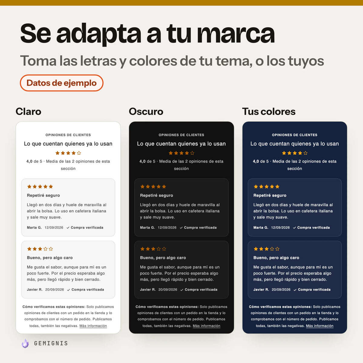 Sección de reseñas tres veces, con la etiqueta «Datos de ejemplo»: claro, oscuro, tus colores. Capturas del banco de pruebas (estilos de Dawn) con datos inventados.