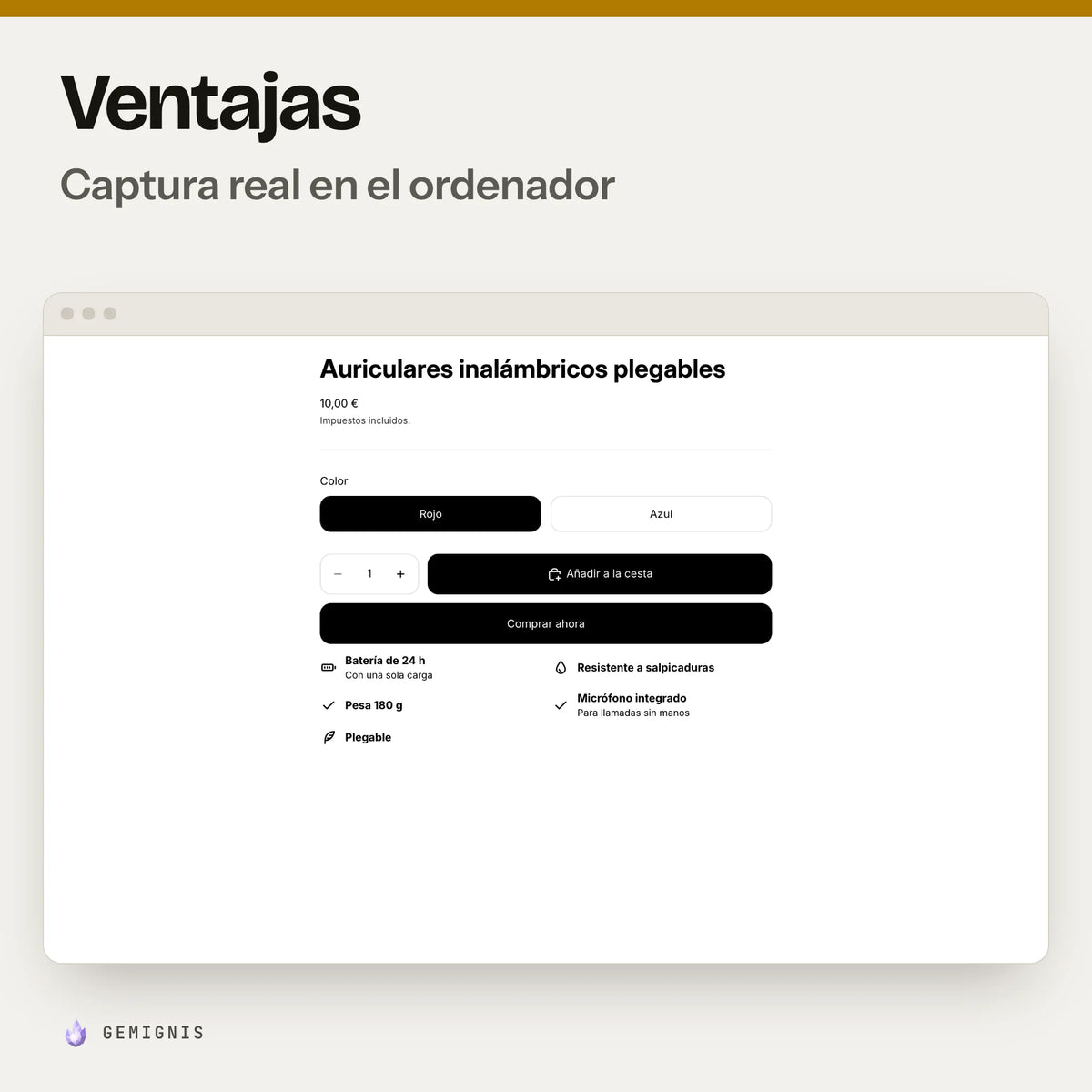 Sección de ventajas en el ordenador: captura real en el tema Horizon a 1280 px de la página de producto con las ventajas del producto en dos columnas, con icono, junto al botón de compra, con datos de ejemplo.