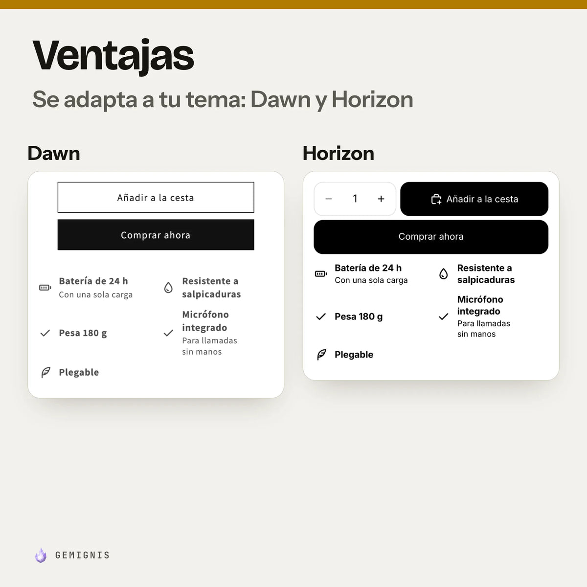 La misma fila de ventajas en los temas Dawn y Horizon, una al lado de la otra: capturas reales en móvil junto al botón de compra, que toman los colores y las letras de cada tema.