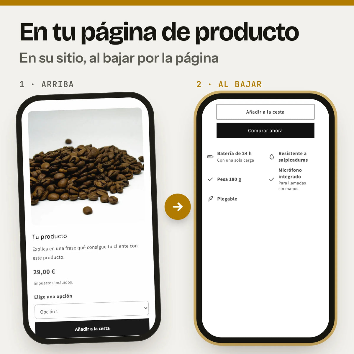 Sección de ventajas del producto con iconos en una página de producto, en el móvil: a la izquierda, la parte de arriba con la foto, el precio y el botón de compra (captura real de la Cabecera en Dawn, con foto y textos de ejemplo); a la derecha, al bajar, la sección ventajas (captura real en Dawn, con textos de ejemplo).
