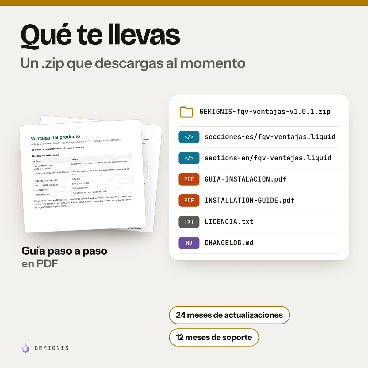 Qué te llevas con sección de ventajas del producto con iconos: un .zip que descargas al momento con secciones-es/fqv-ventajas.liquid, sections-en/fqv-ventajas.liquid, GUIA-INSTALACION.pdf, INSTALLATION-GUIDE.pdf, LICENCIA.txt, CHANGELOG.md; delante, la portada real de la guía de instalación en PDF. 24 meses de actualizaciones y 12 meses de soporte.