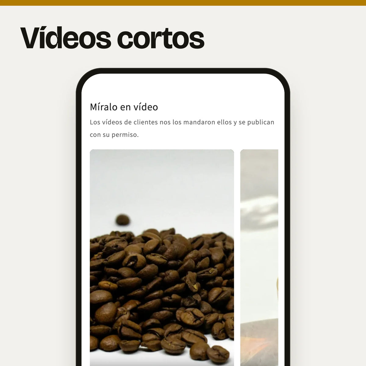 Sección «Vídeos cortos» en un móvil: captura real en el tema Dawn de la página de producto con una fila de vídeos verticales con su portada, sin sonido hasta que el cliente lo activa, uno de «Cómo se usa» y otros de clientes con su nombre y la nota de que se publican con su permiso, con datos de ejemplo.