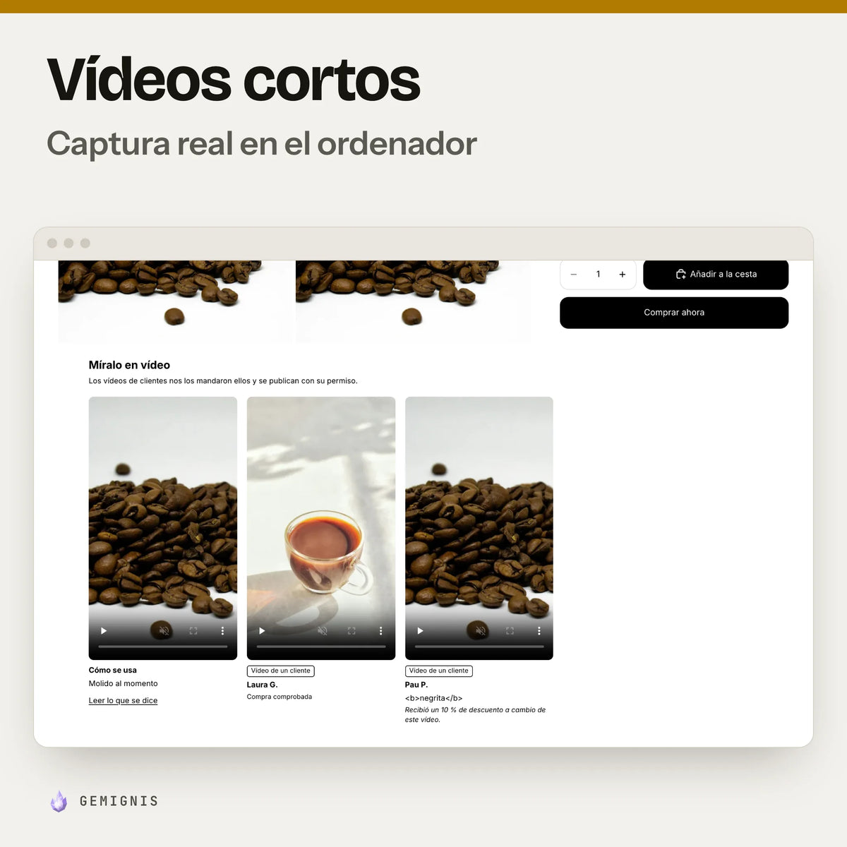 Sección «Vídeos cortos» en el ordenador: captura real en el tema Horizon a 1280 px de la página de producto con una fila de vídeos verticales con los controles del navegador, con datos de ejemplo.