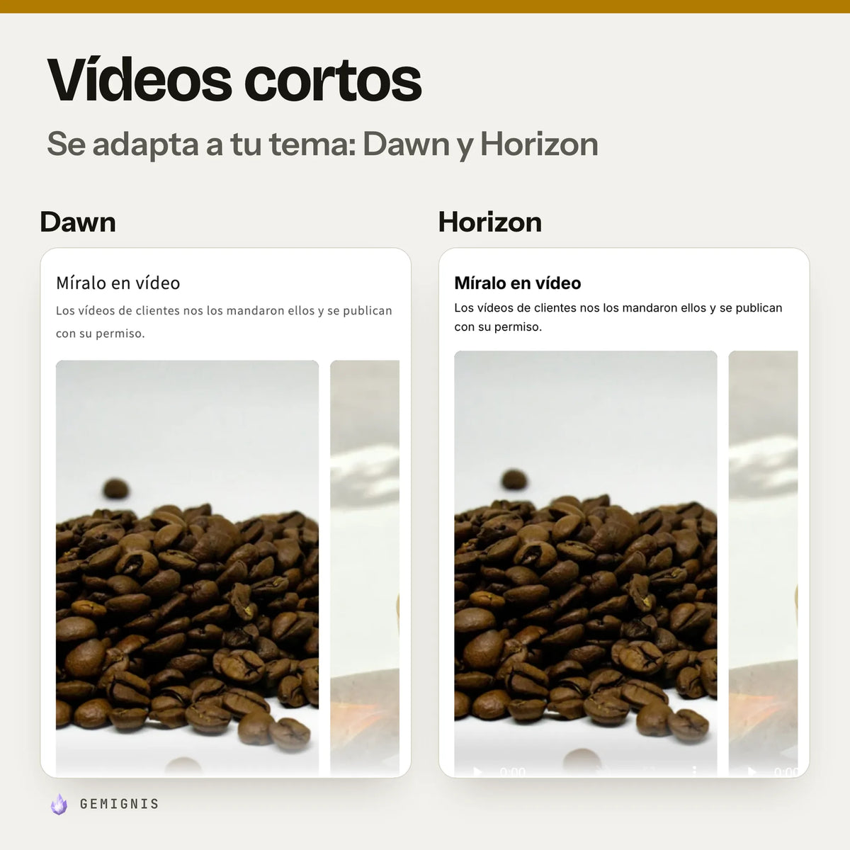 La misma fila de vídeos cortos en los temas Dawn y Horizon, una al lado de la otra: capturas reales en móvil que muestran cómo toma los colores y las letras de cada tema.