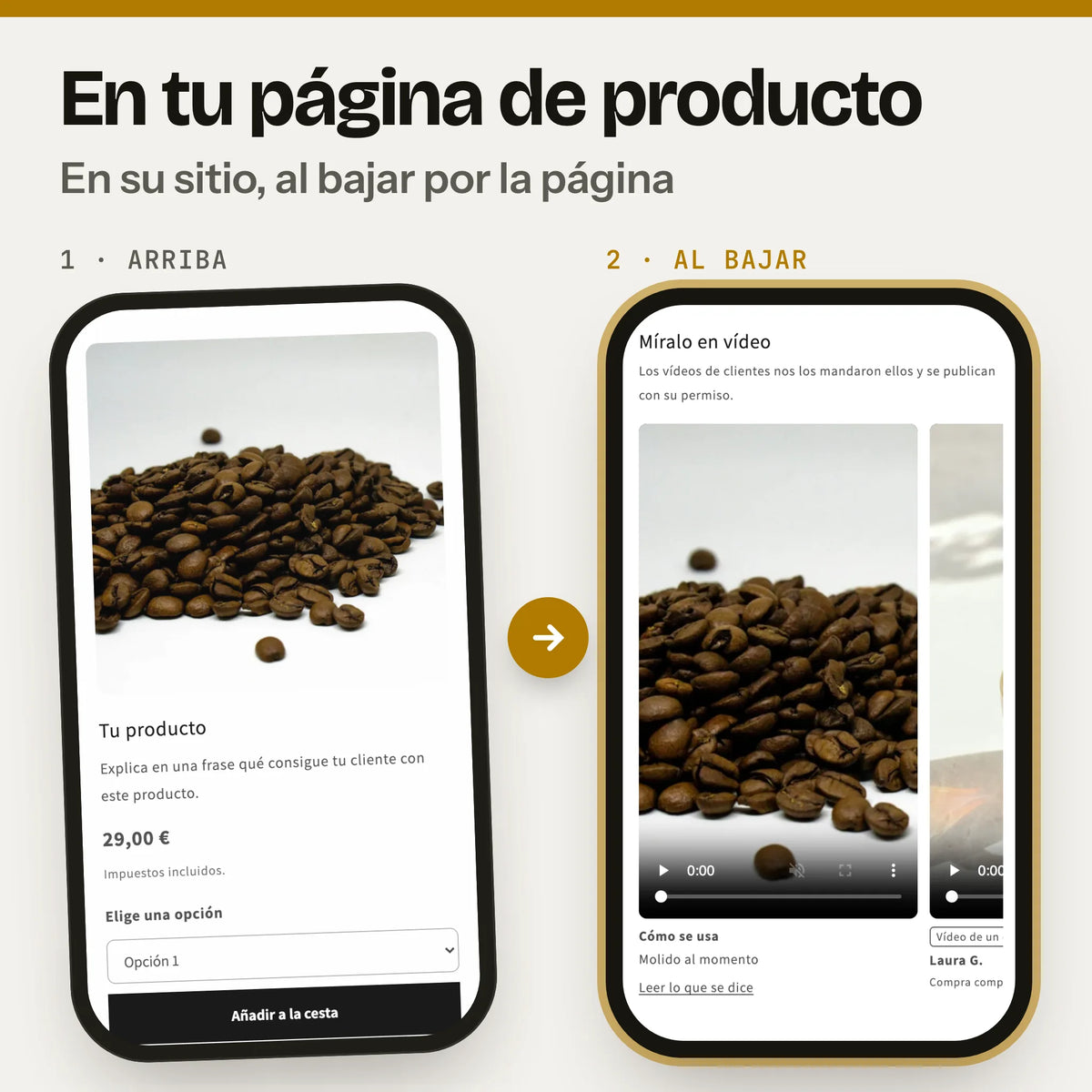 Sección de vídeos cortos en una página de producto, en el móvil: a la izquierda, la parte de arriba con la foto, el precio y el botón de compra (captura real de la Cabecera en Dawn, con foto y textos de ejemplo); a la derecha, al bajar, la sección vídeos cortos (captura real en Dawn, con textos de ejemplo).