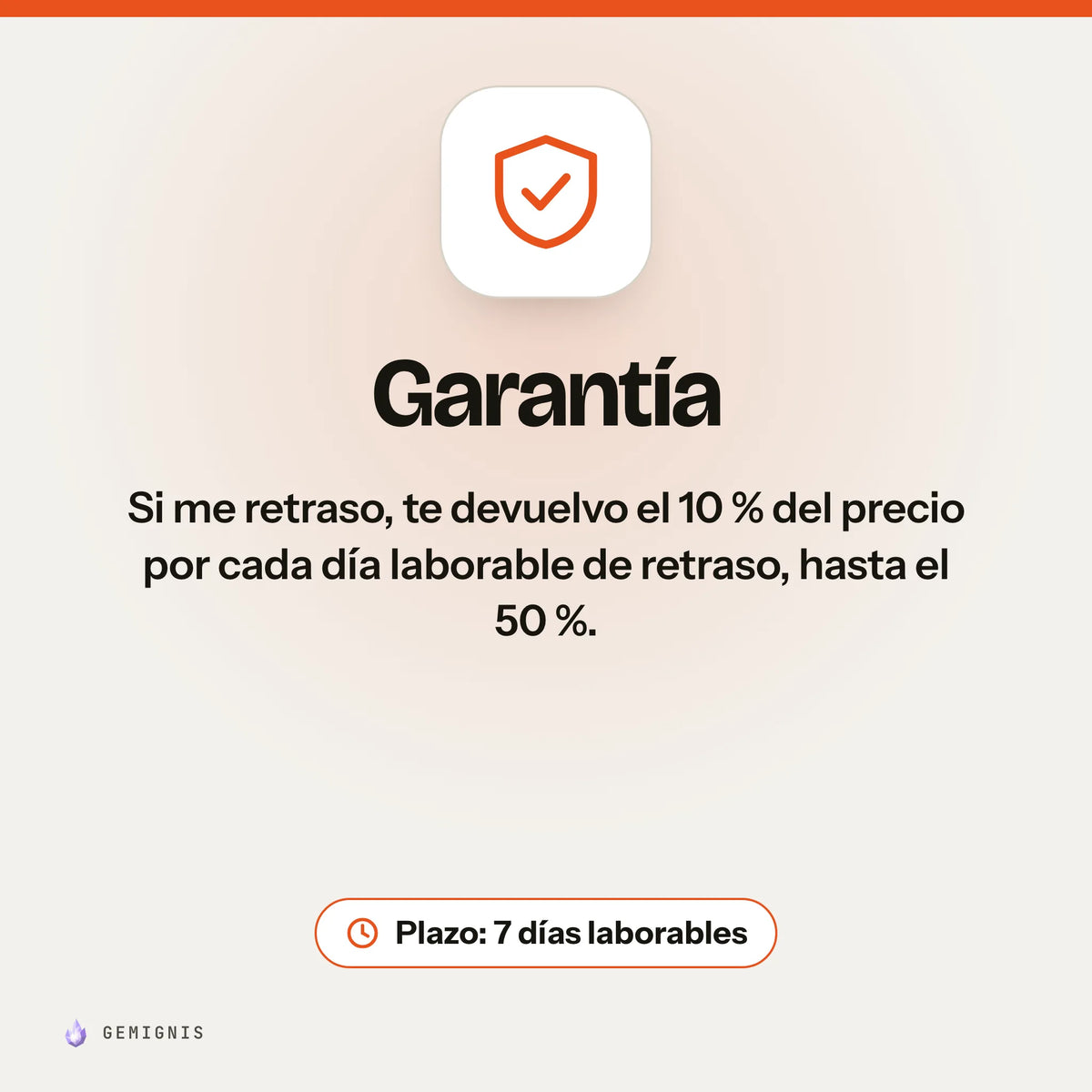Garantía de «Creación de tu tienda Shopify en 7 días»: Si me retraso, te devuelvo el 10 % del precio por cada día laborable de retraso, hasta el 50 %. Plazo: 7 días laborables.