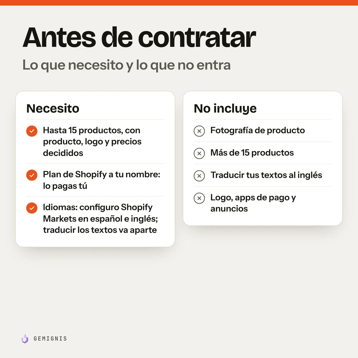 Antes de contratar «Creación de tu tienda Shopify en 7 días». Necesito: hasta 15 productos, con producto, logo y precios decididos; plan de Shopify a tu nombre: lo pagas tú; idiomas: configuro Shopify Markets en español e inglés; traducir los textos va aparte. No incluye: fotografía de producto; más de 15 productos; traducir tus textos al inglés; logo, apps de pago y anuncios.