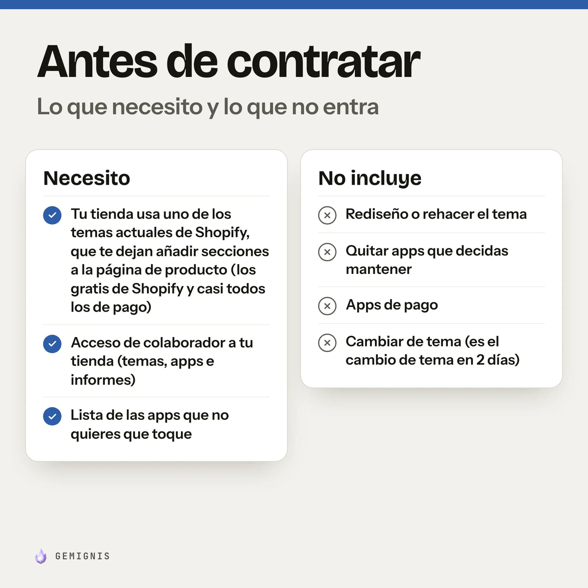 Antes de contratar «Mejora de velocidad de tu tienda». Necesito: tu tienda usa uno de los temas actuales de Shopify, que te dejan añadir secciones a la página de producto (los gratis de Shopify y casi todos los de pago); acceso de colaborador a tu tienda (temas, apps e informes); lista de las apps que no quieres que toque. No incluye: rediseño o rehacer el tema…